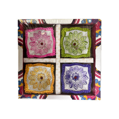 Gekleurde Vierkante Diya Set (4 stuks)